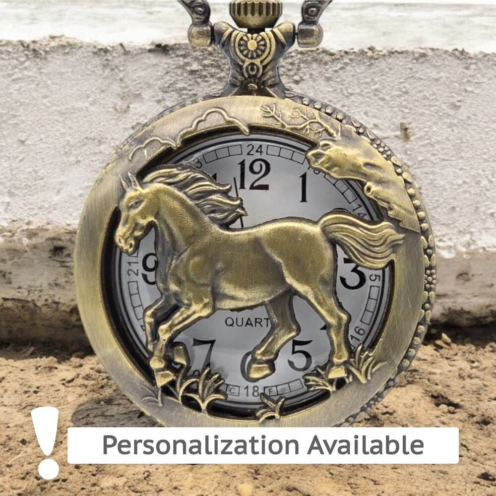 Galloping Horse Pocket Watch - Western Style, Equestrian Vintage Bronze Pendant